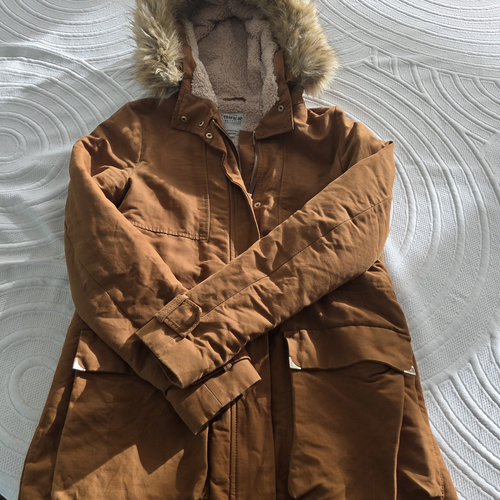 Zara Tan Utility Barn Coat with Faux Fur Hood